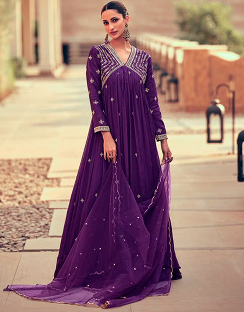 real gerogette trendy designer party wear gown gown with embroidery work and deep violet dupatta ie-5402 Front View